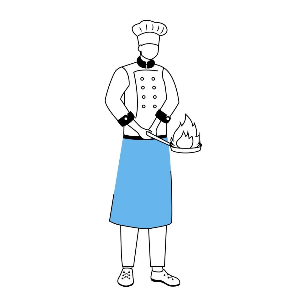 Chef with frying pan flat vector illustration. Hotel restaurant staff. Preparing food, cooking process. Catering service. Kitchen worker in apron cartoon character with outline on white