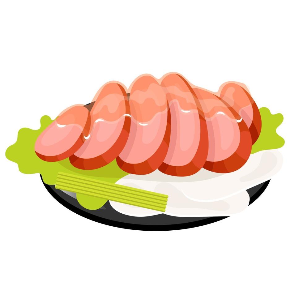 Sliced pork color icon. Asian dish on black plate. Eastern traditional cuisine. Meat chops with seasoning and salad. Chinese food with beaf and vegetables. Isolated vector illustration