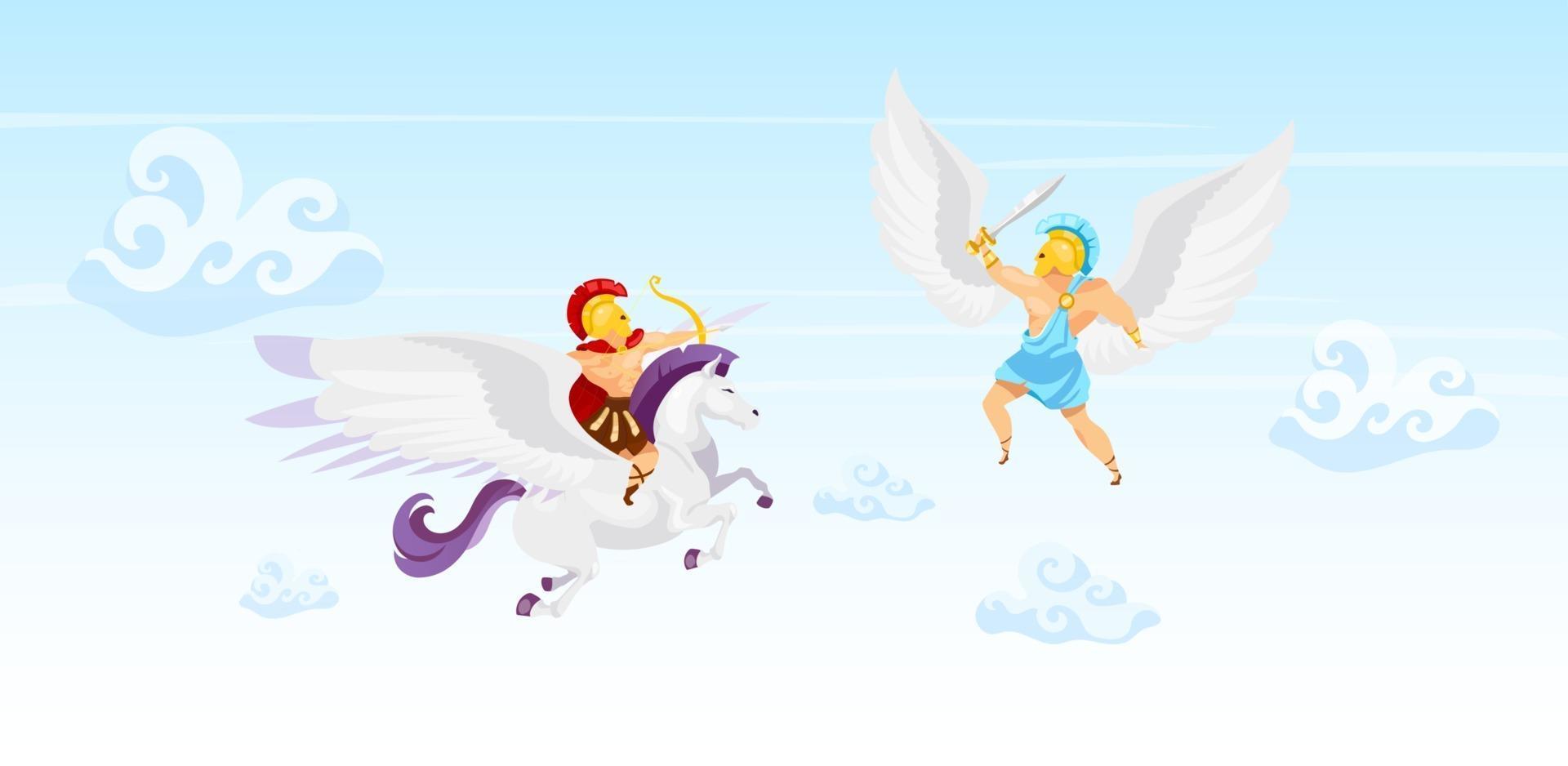 combatientes en la ilustración de vector plano de cielo. guerreros batalla. hombre volando en pegaso. Ícaro con alas. los héroes se duelen en el aire. criaturas fantásticas. mitología griega. personajes de dibujos animados de gladiador