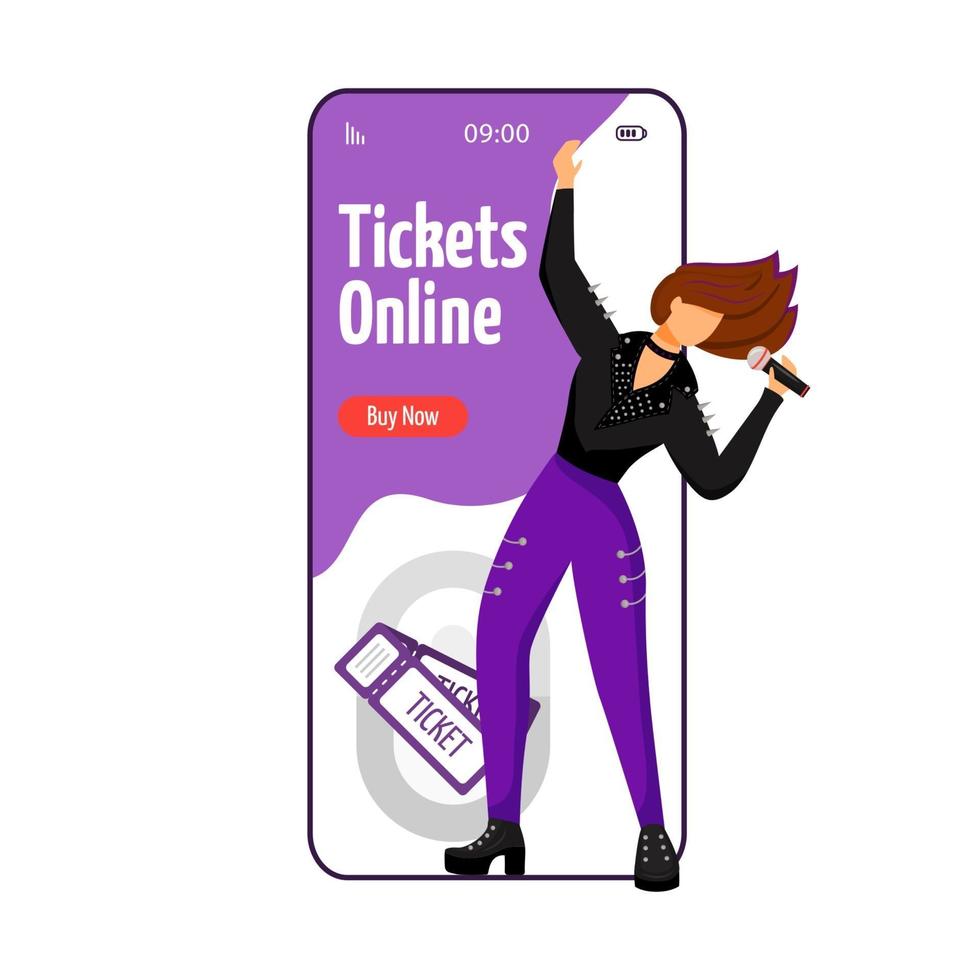Tickets online cartoon smartphone vector app screen. Lead vocalist. Rock musician. Concert, gig. Event. Mobile phone display with flat character design mockup. Application telephone cute interface