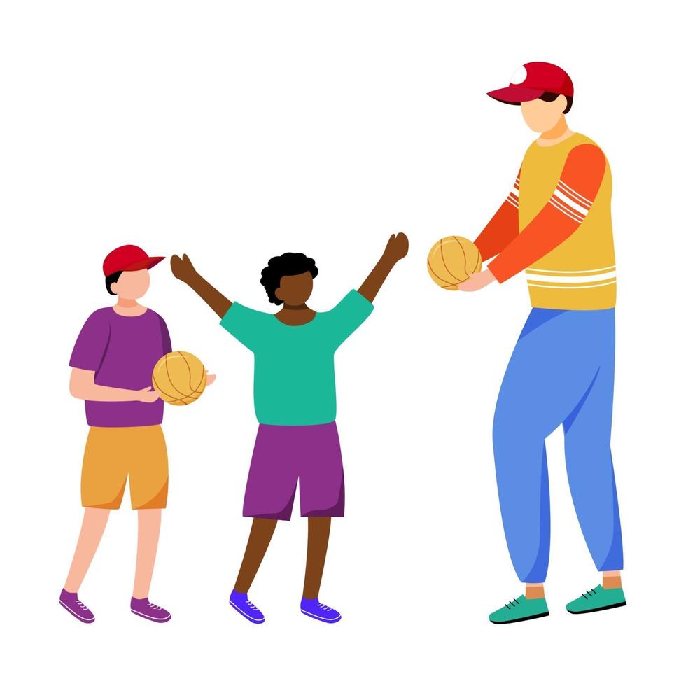 Humanitarian help for children flat vector illustration. Community service worker and kids isolated cartoon characters on white background. Volunteer delivering supplies, donations for orphanage