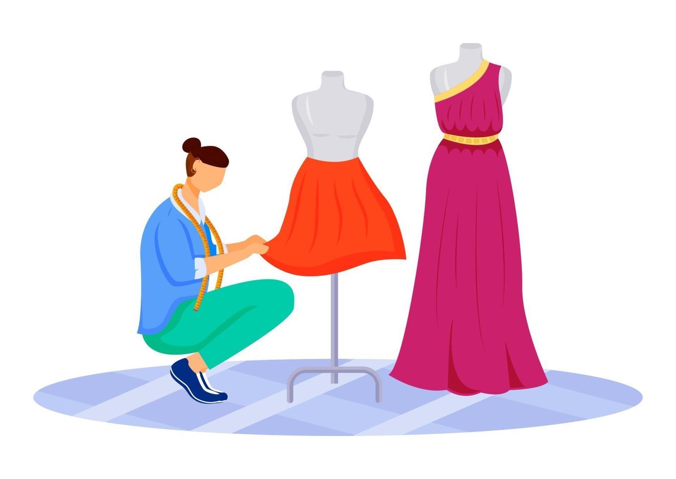 Ilustración de vector de color plano de atelier de diseñador de moda.  creando faldas exclusivas, vestidos