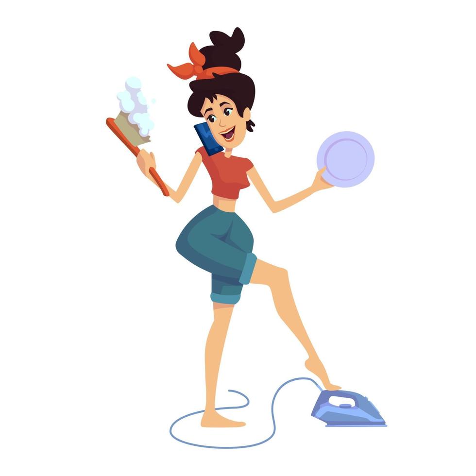 Housewife flat cartoon vector illustration. Woman doing housework. Gemini zodiac sign personality. Ready to use 2d character template for commercial, animation, printing design. Isolated comic hero