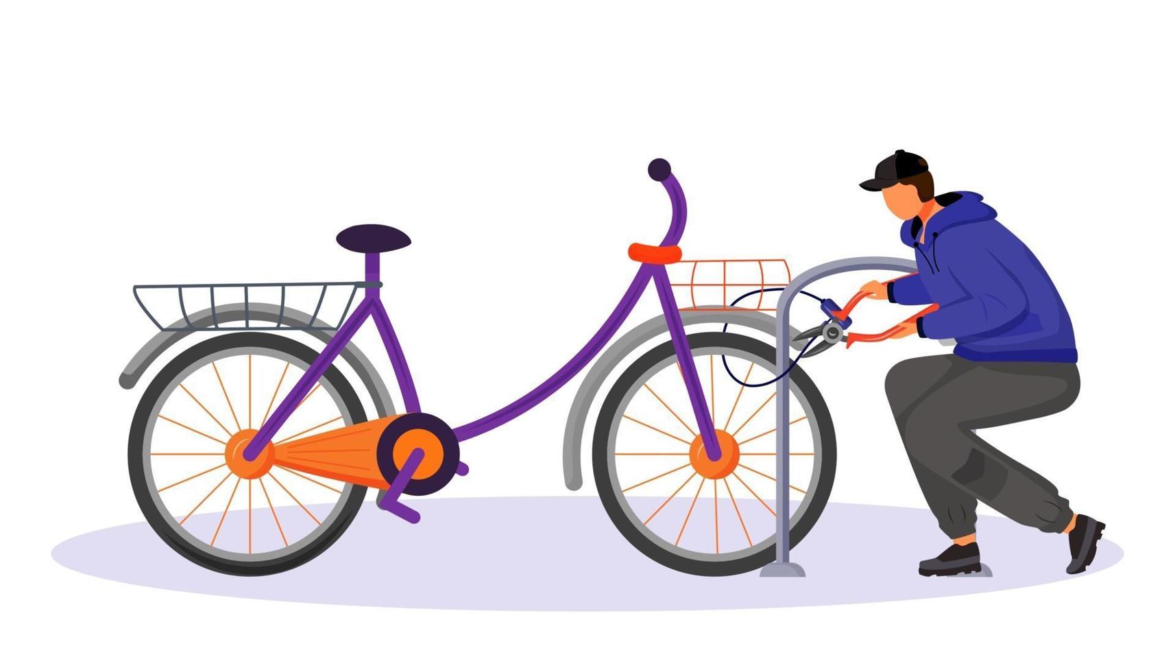 Guy stealing bicycle attached to bike rack flat color vector faceless character. Bike theft. Thief cutting cycle lock buy bolt cutter. Isolated cartoon illustration