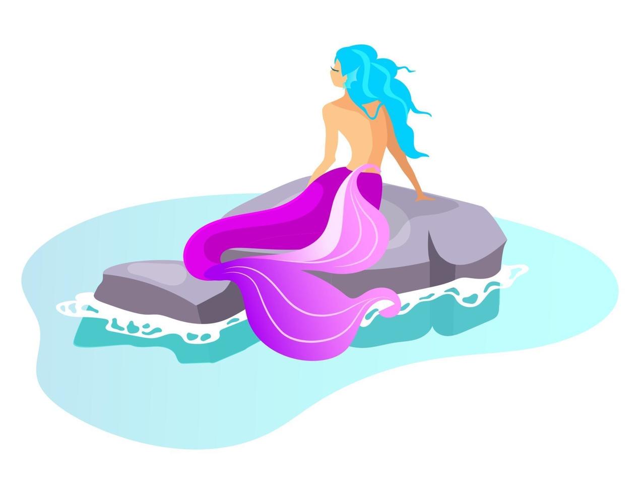 Ilustración de vector plano de sirena. Bestia mitológica nadar en el mar. monstruo de hadas en la roca. criatura fantástica mitad mujer. mitología griega. sirena en arrecife personaje de dibujos animados aislado sobre fondo blanco