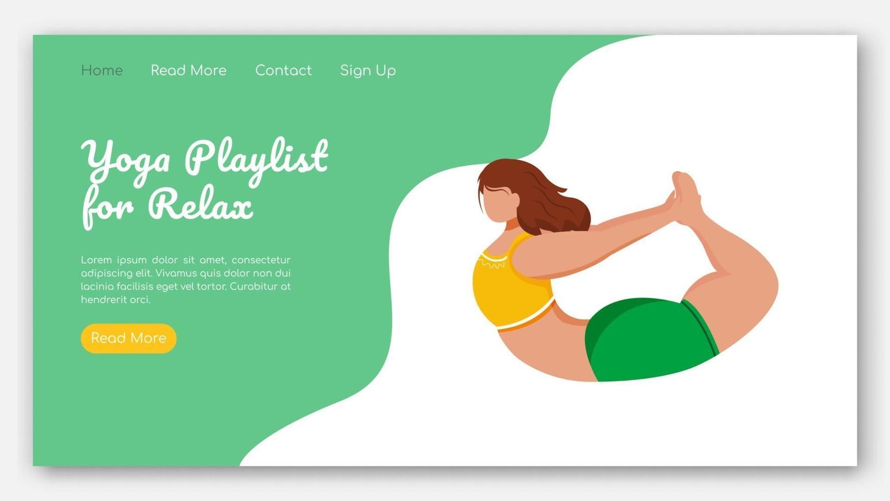 Yoga playlist for relax landing page vector template. Sport stretch exercises. Bodypositive website interface idea with flat illustrations. Homepage layout, web banner, webpage cartoon concept