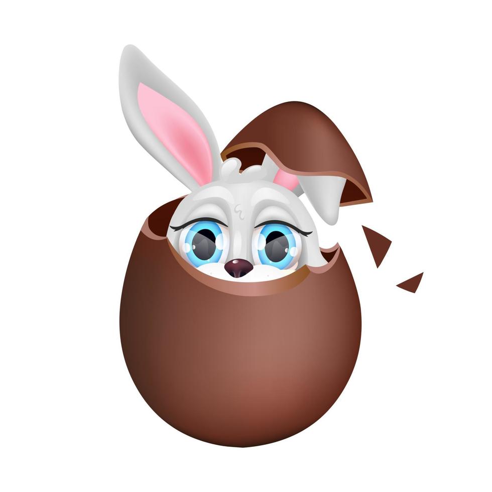 Lindo conejito sentado en un personaje de dibujos animados kawaii de huevo de chocolate. símbolo de vacaciones de pascua. animal adorable y divertido asoma hacia fuera etiqueta engomada aislada del huevo dulce, parche. conejo bebé de anime, emoji de liebre engañosa en blanco vector