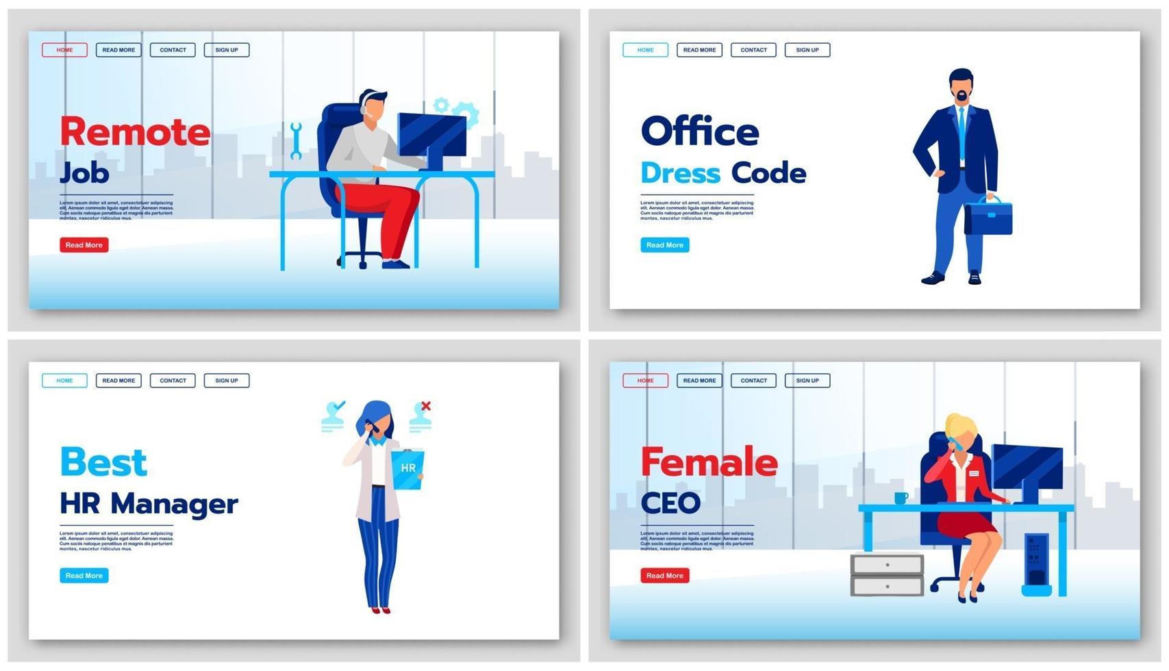 Business landing page vector templates set. Office dress code website interface idea with flat illustrations. Best HR manager homepage layout. Remote job web banner, webpage cartoon concept