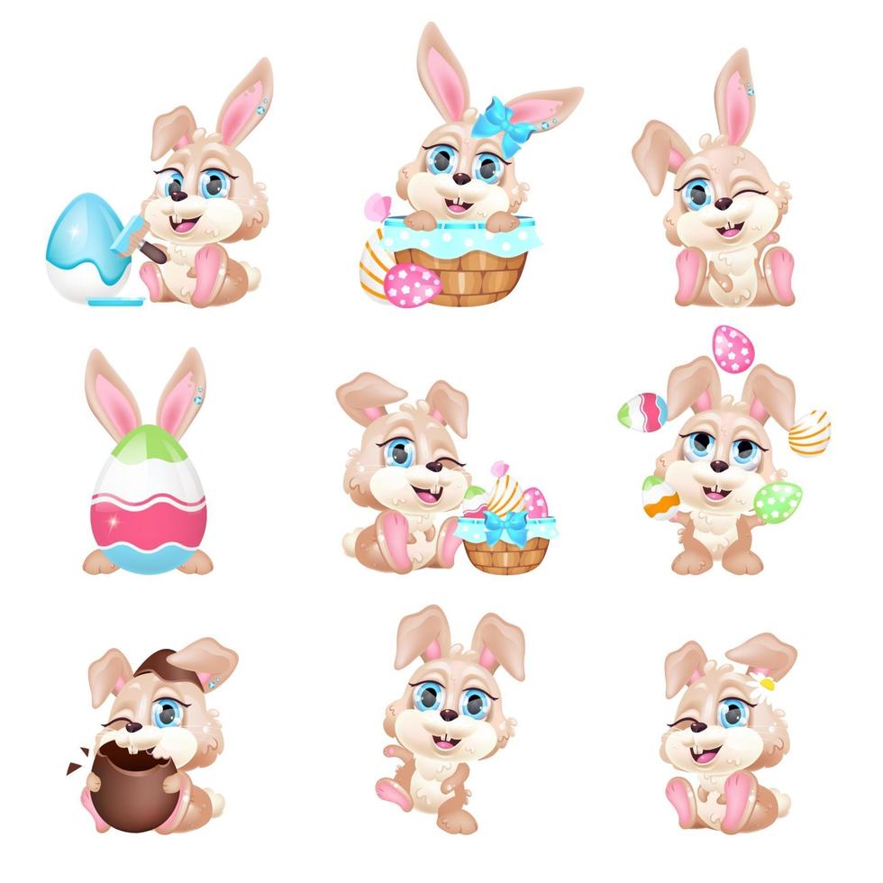 lindos conejitos de pascua kawaii personajes de dibujos animados vectoriales establecidos. huevos símbolo de caza elementos de diseño de tarjetas de felicitación de vacaciones. conejos adorables y divertidos. Liebres pegatina aislada, colección de parches en blanco vector