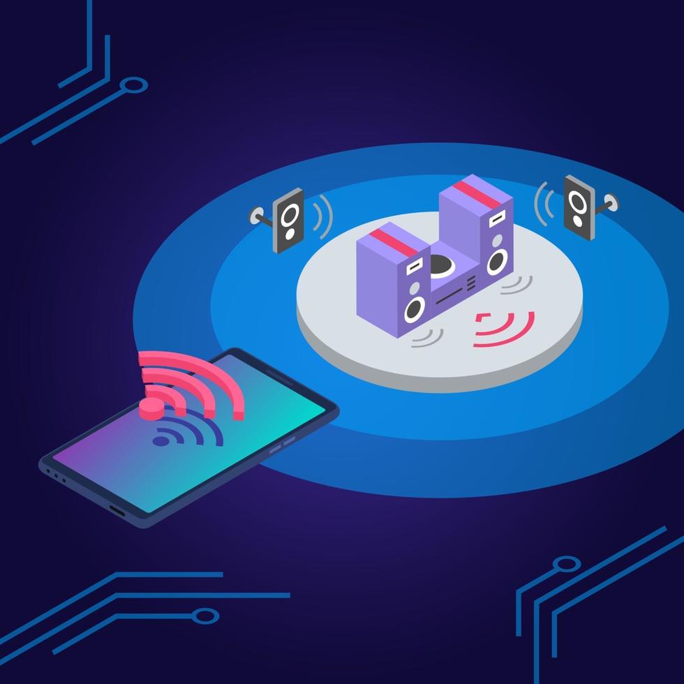 Smart home stereo system isometric color vector illustration. Music volume remote control. Loudspeakers and smartphone app wireless connection 3d concept isolated on blue background