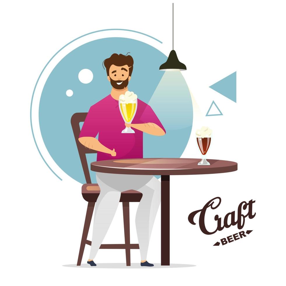 Craft beer production flat color vector illustration. Microbrewery. Small brewery. Homebrewer. Man with pint of beer at table. Guy in bar, pub. Isolated cartoon character on white background
