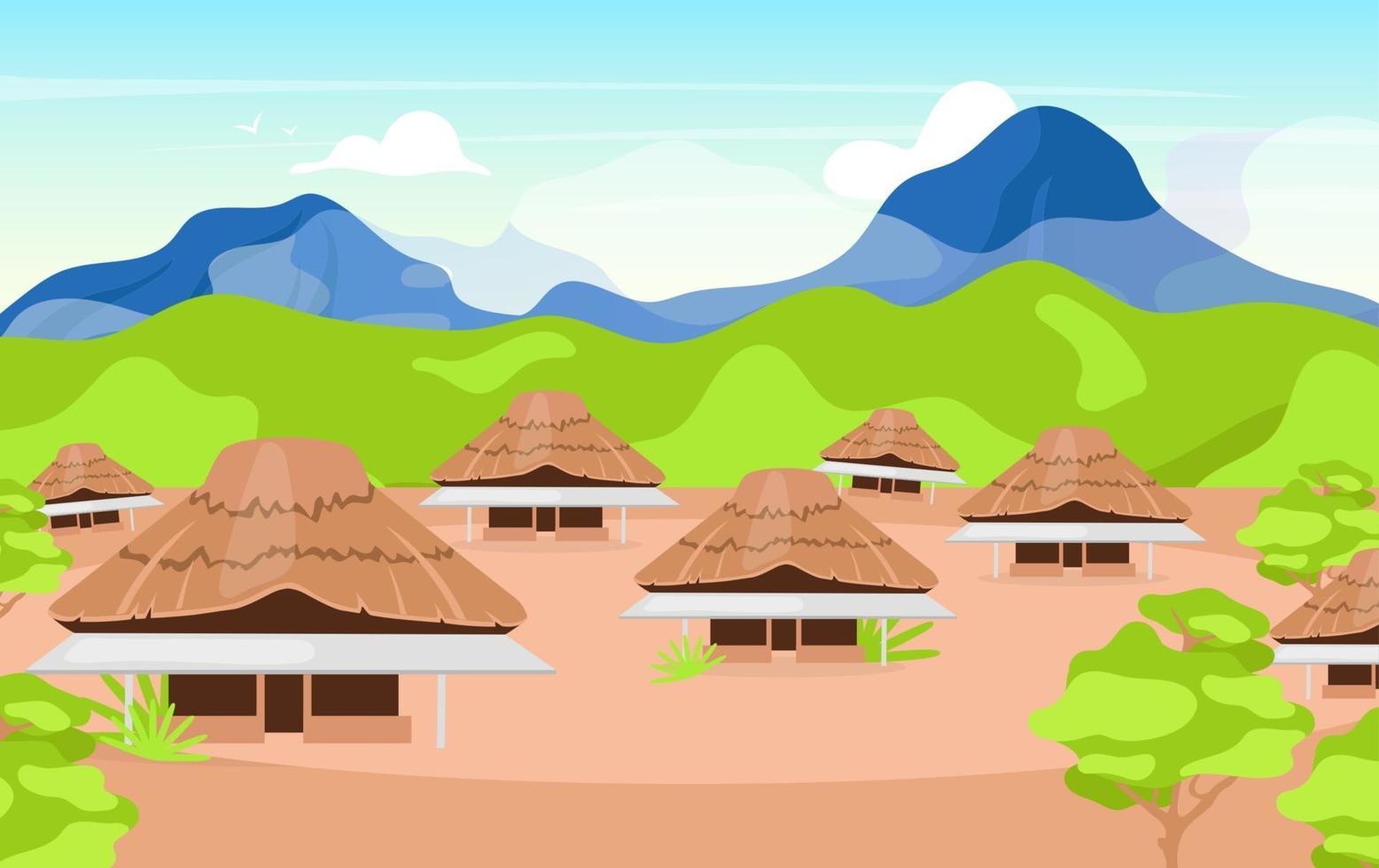 Indonesian wooden houses flat vector illustration. Kajang Leko Jambi. Building in balinese style. Asian traditional primitive cottage. Settlement in mountains. Joglo houses cartoon background