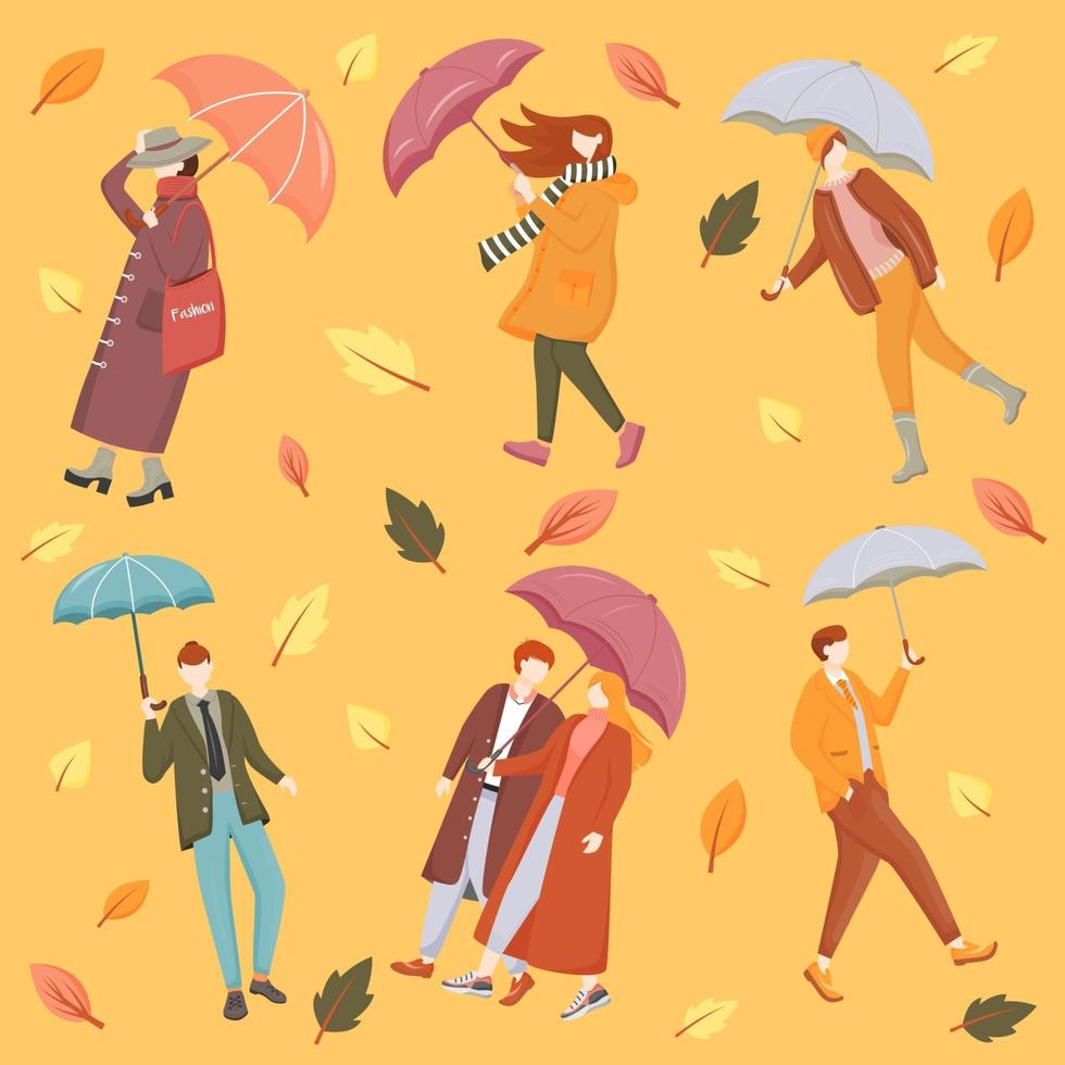 People with umbrellas flat vector seamless pattern. Orange background. Seasonal wear. Autumn leaves texture with cartoon color icons. Rainy and windy weather wrapping paper, wallpaper design
