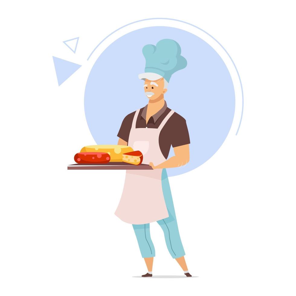 Cheesemaker with tray flat color vector illustration. Cheesemaking concept. Male chef in apron. Cheese store. Food industry. Dairy product. Isolated cartoon character on white background