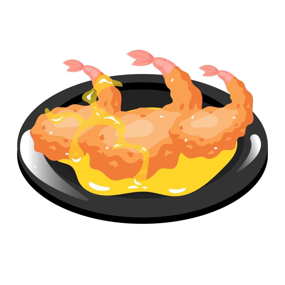 Chinese king prawn color icon. Asian seafood coooked in sweet and sour sauce. Eastern traditional cuisine. Fried spicy shrimp in breadcrumbs on black plate. Isolated vector illustration