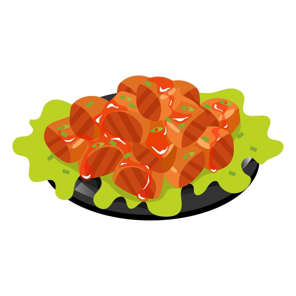 cerdo chino en salsa agridulce icono de color. plato de carne asiática con especias. cocina tradicional oriental. cuadritos de cerdo braseados con ajo y verduras. ilustración vectorial aislada vector