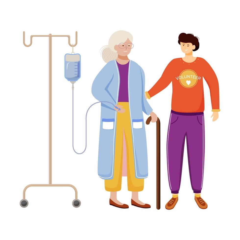 Ilustración de vector plano de cuidado de ancianos. voluntario feliz y anciana personajes de dibujos animados aislados sobre fondo blanco. hijo joven con madre anciana. apoyo familiar, elemento de diseño de trabajo de ayuda médica.