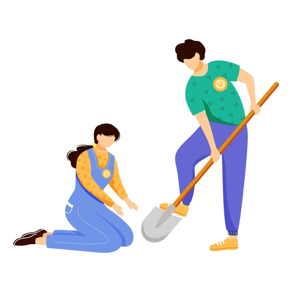 Volunteers working together flat vector illustration. Farmers couple, environmental activists isolated cartoon characters on white background. Nature preservation, ecology protection design element