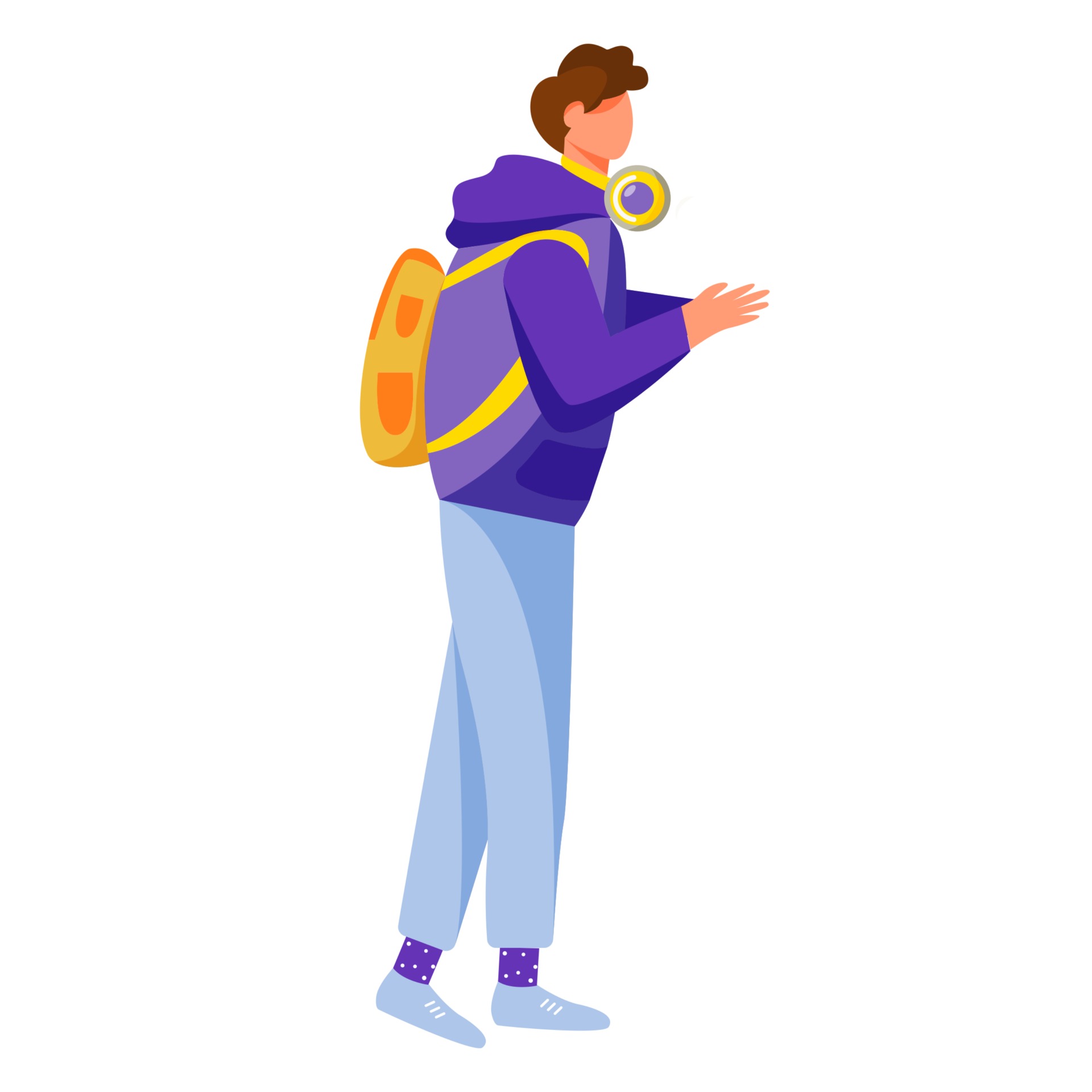 Young man flat vector illustration. Adolescent music lover boy. Millennial.  Standing teenager with backpack and headphones dressed in hoodi isolated  cartoon character on white background 2905779 Vector Art at Vecteezy