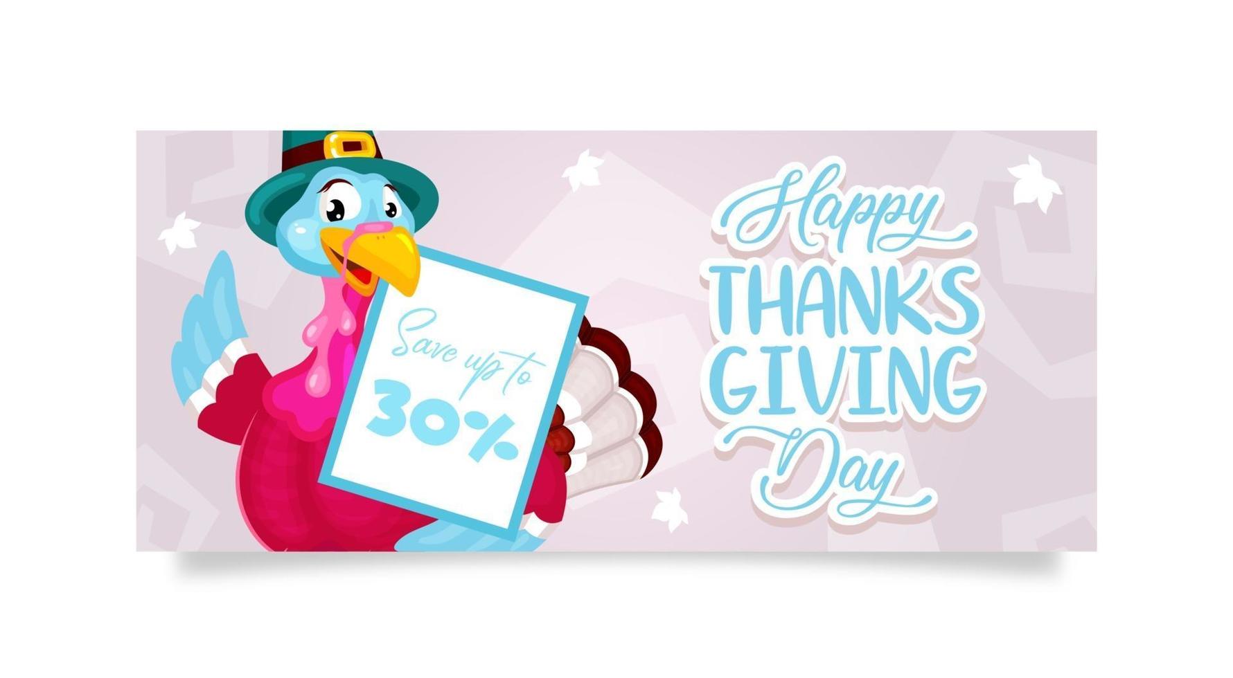 Happy Thanksgiving day banner flat vector template. Autumn holiday discount. Piligrims turkey with ad ileaflet layout idea. Advertising flyer concept design with cartoon illustrations