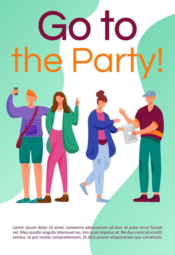 Go to the party brochure template. Teenager culture. Flyer, booklet, leaflet concept with flat illustrations. Vector page cartoon layout for magazine. Advertising invitation with text space