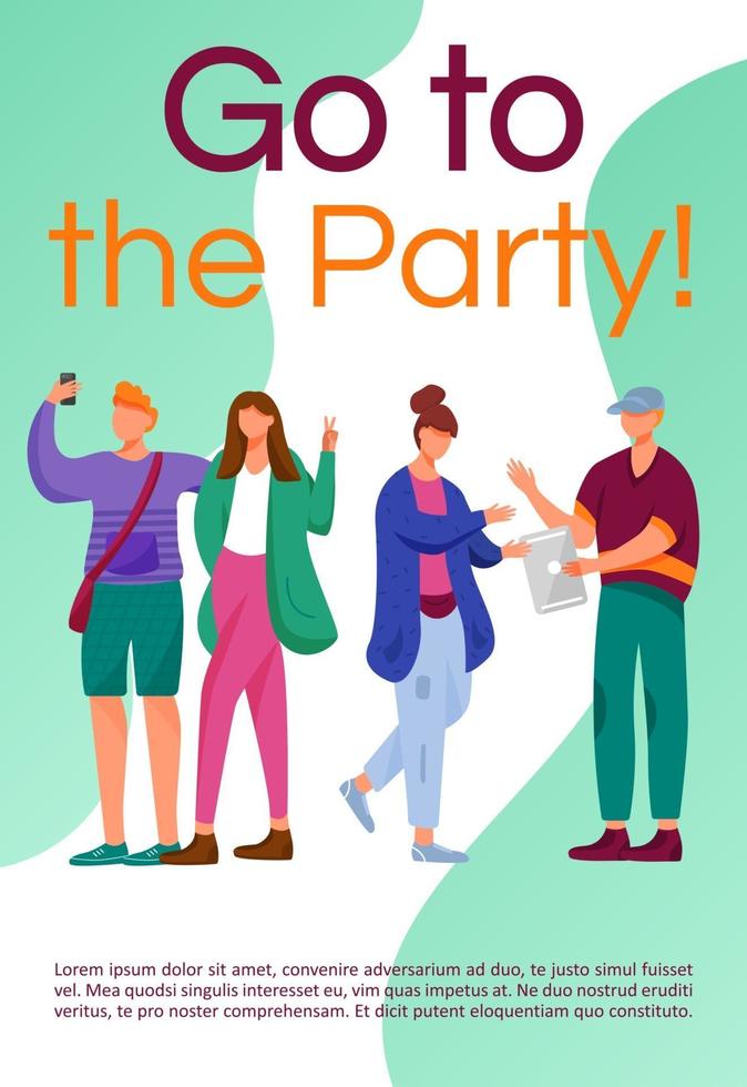 Go to the party brochure template. Teenager culture. Flyer, booklet, leaflet concept with flat illustrations. Vector page cartoon layout for magazine. Advertising invitation with text space