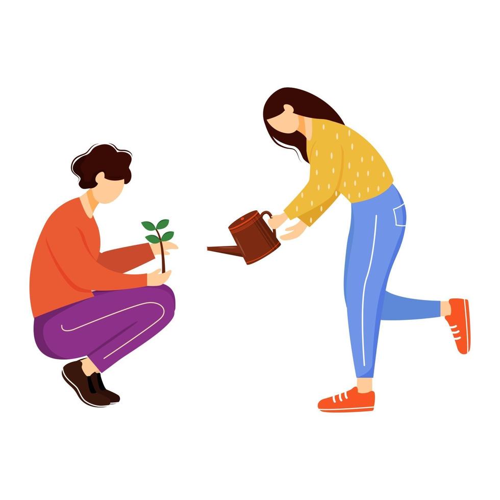 People growing plants flat vector illustration. Environmental activists isolated cartoon characters on white background. Young couple seeding and watering sprout. Horticulture design element