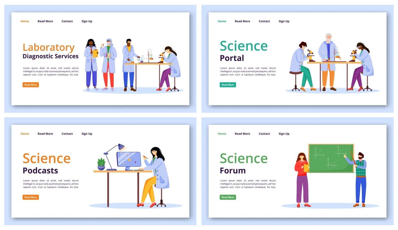Science services landing page vector template set. Modern learning technology website interface idea with flat illustrations. Forums and portals homepage layout, web banner, webpage cartoon concept