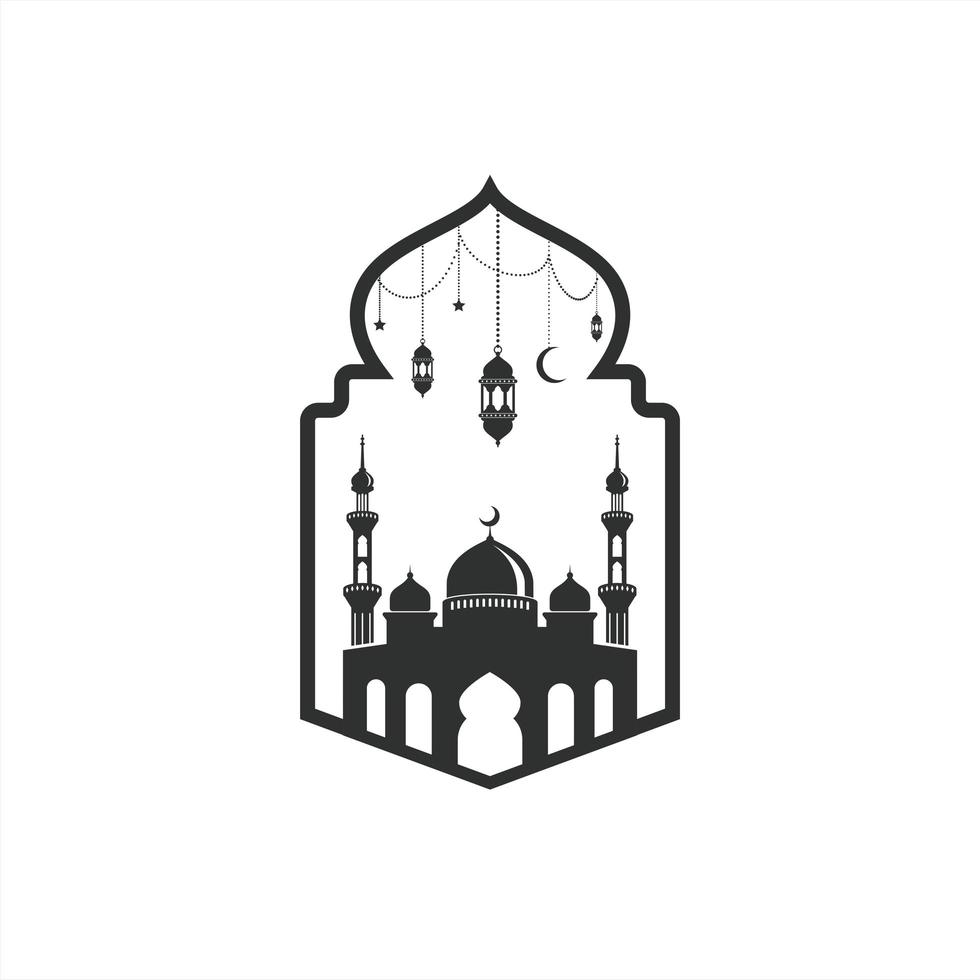 Mosque greeting card frame background design isolated on mosque door illustration. vector