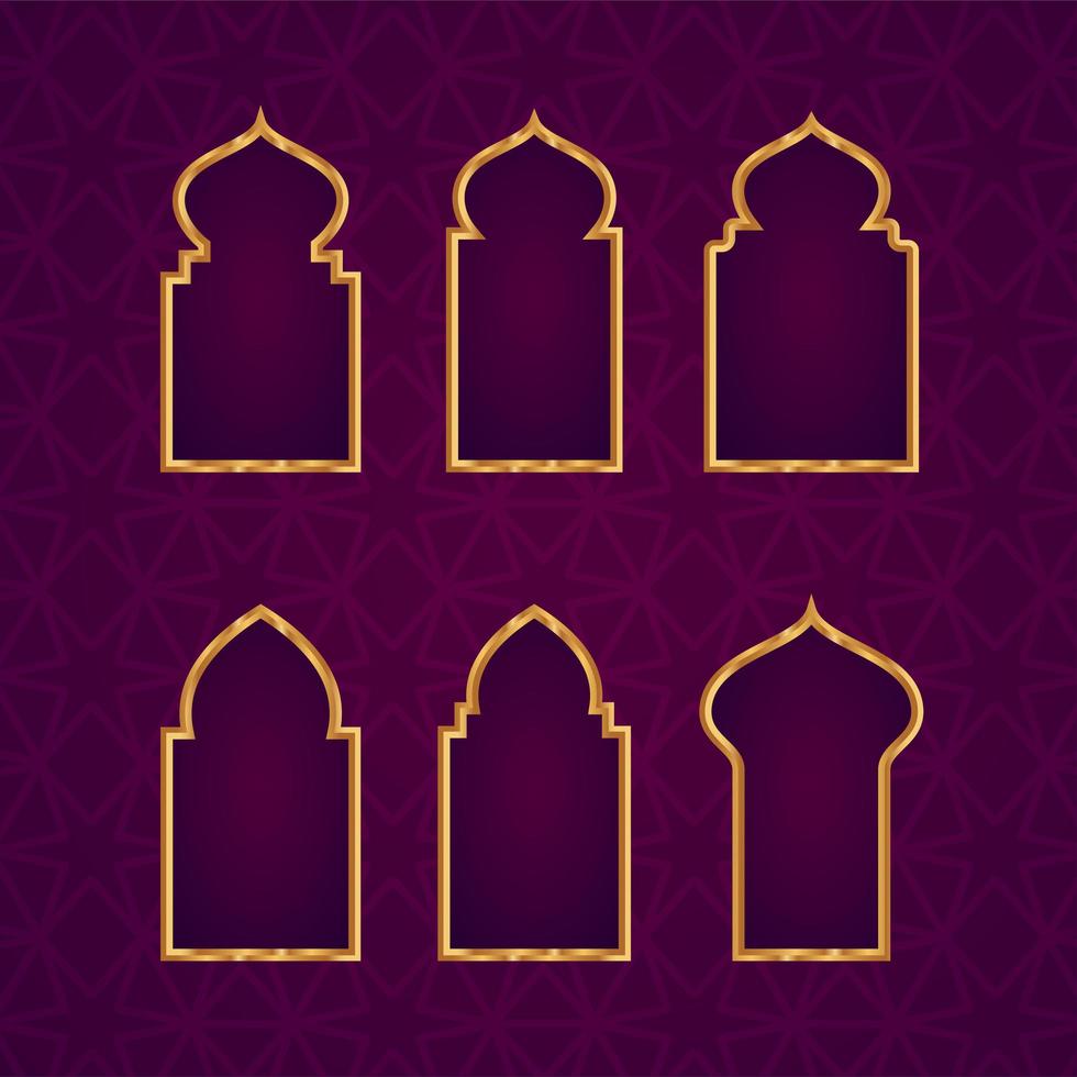 Ilustración de vector de diseño de interiores de puerta de mezquita de marco 3d en color dorado
