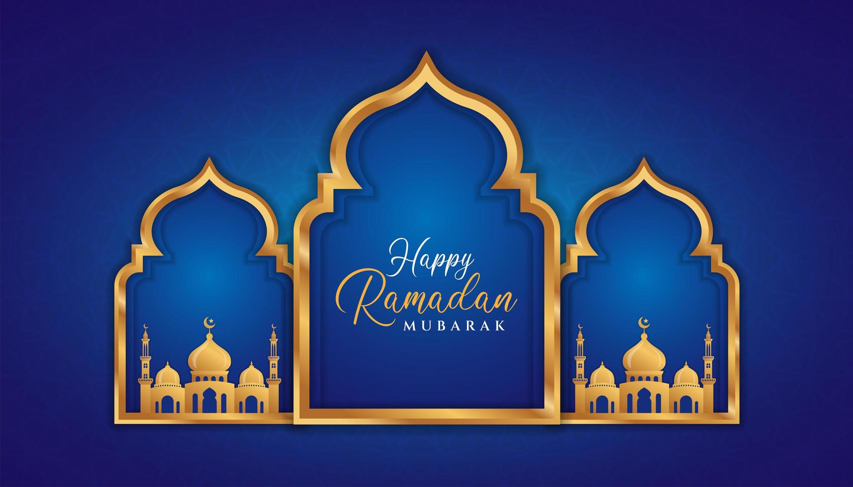 Ramadan Kareem concept background with gold 3d frame, arab door on blue background with beautiful arabesque pattern. Can be used for greetings card, backdrop or banner. vector