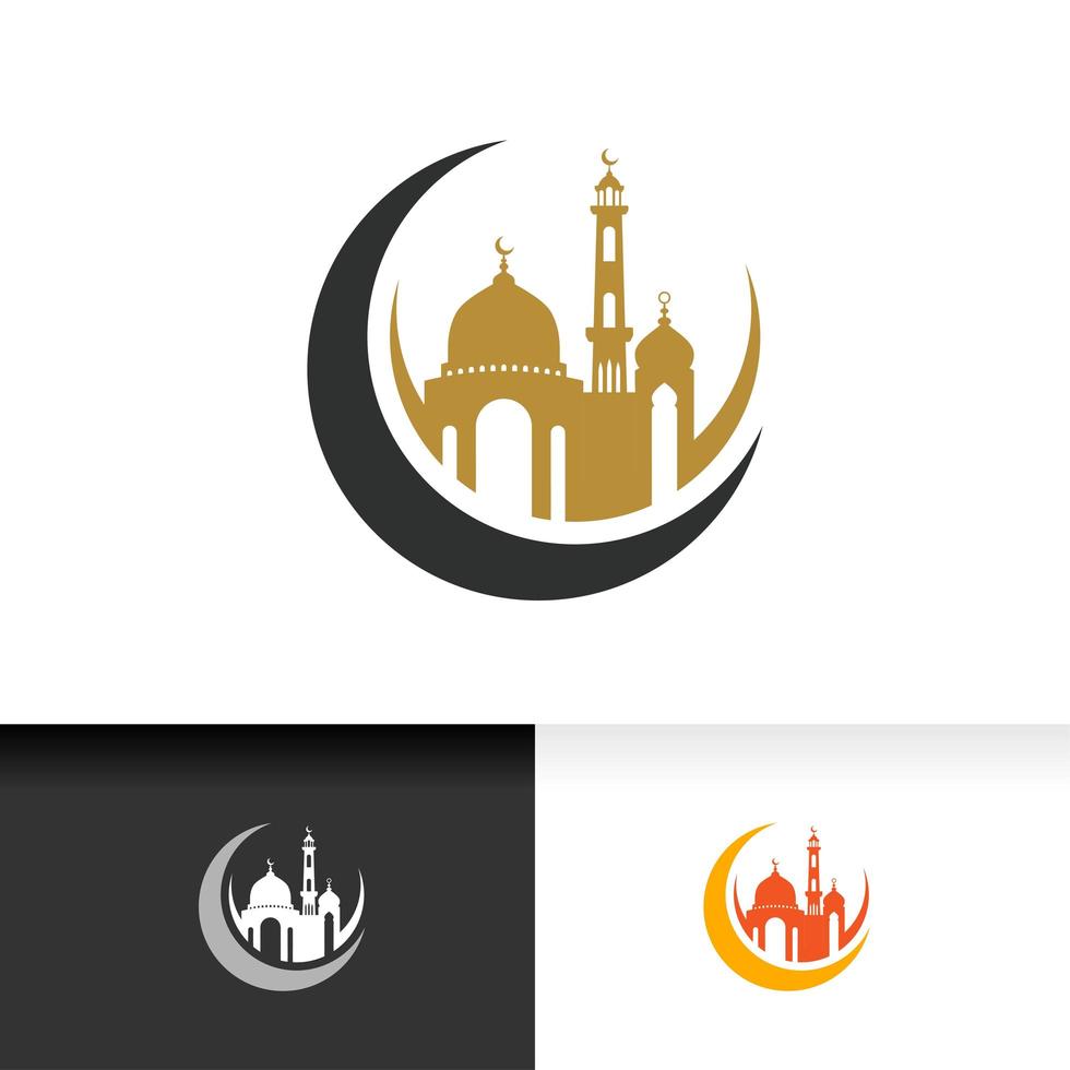 mezquita, icono, silueta, logotipo, vector, diseño, aislado, en, luna creciente, ilustración vector