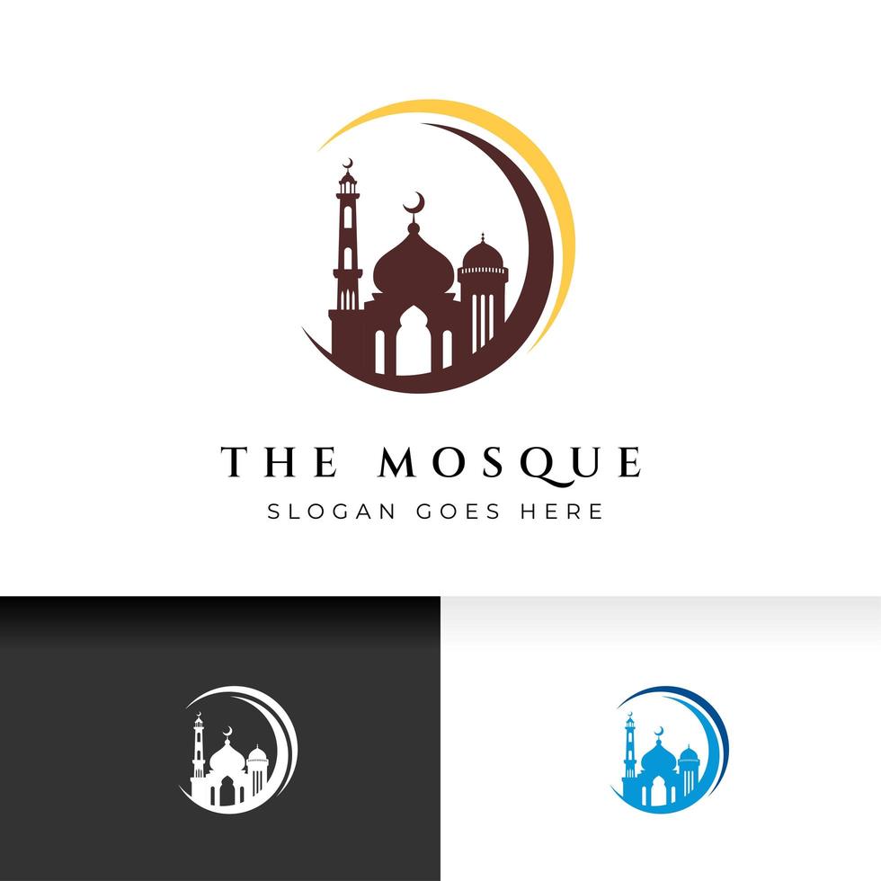 Mosque icon silhouette logo vector design isolated on crescent moon illustration