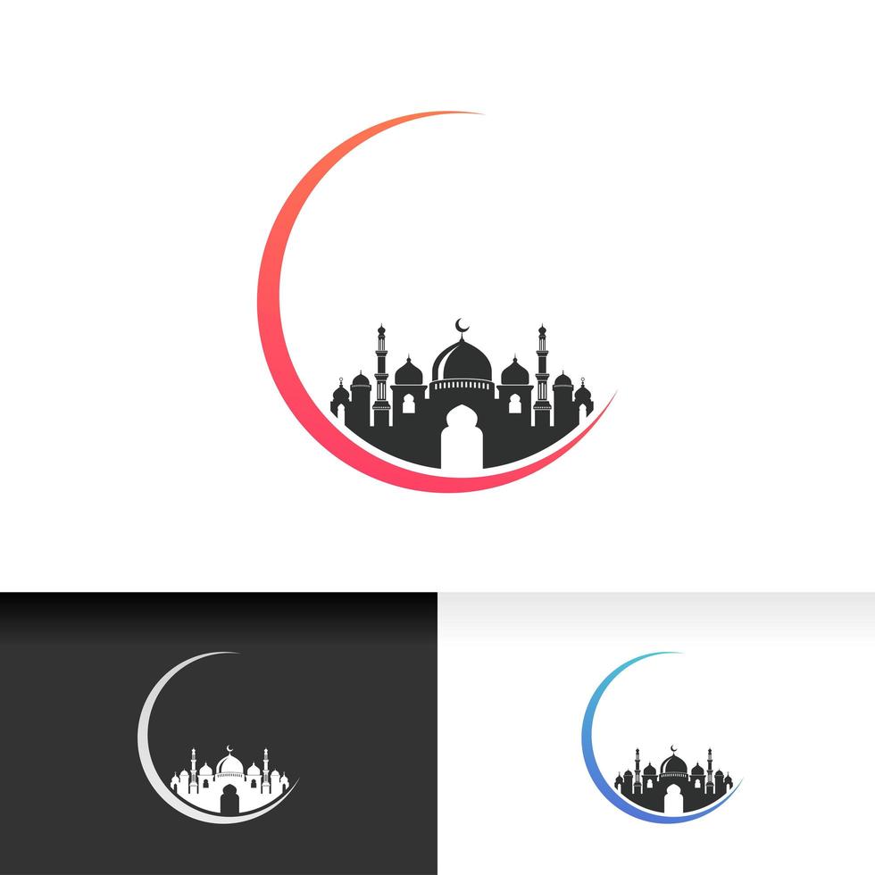 Mosque icon silhouette logo vector design isolated on crescent moon illustration