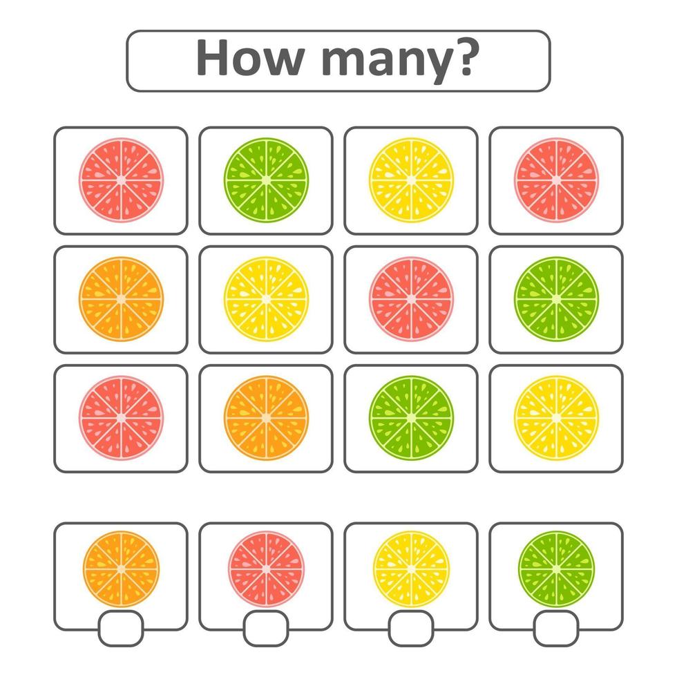 Game for preschool children. Count as many fruits in the picture and write down the result. With a place for answers. Simple flat isolated vector illustration.