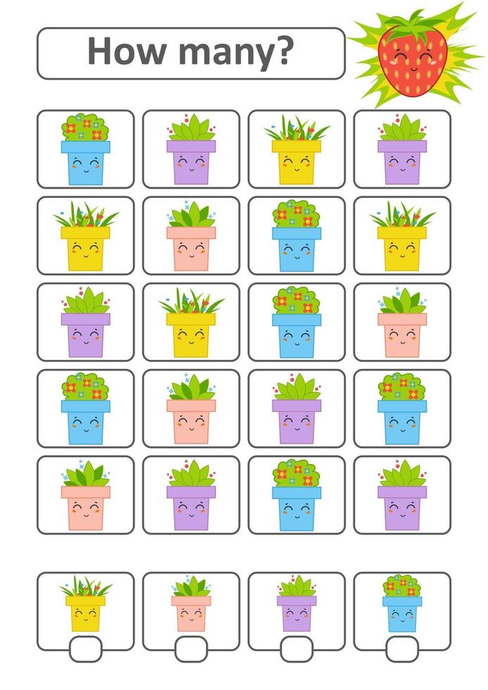 Counting game for preschool children for the development of mathematical abilities. How many flower pots. With a place for answers. Simple flat isolated vector illustration.