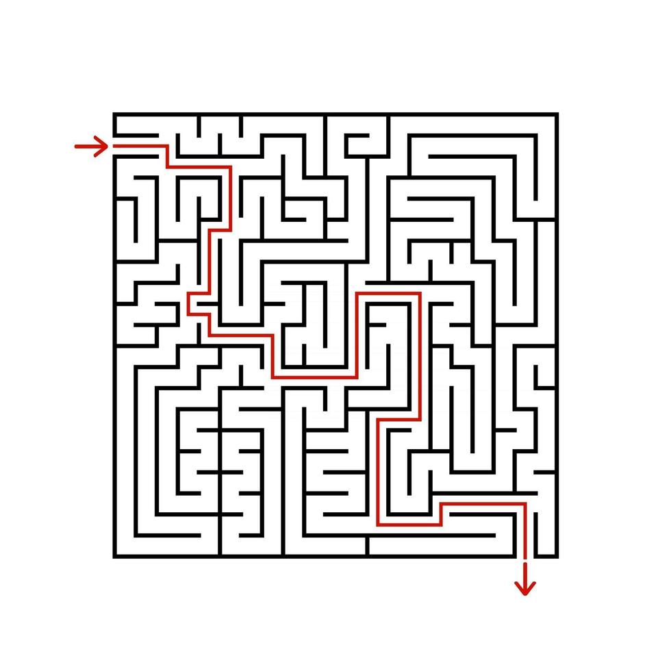Black square maze with entrance and exit. A game for children and adults. Simple flat vector illustration isolated on white background. With the answer.