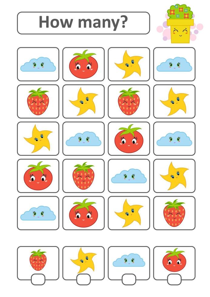 Counting game for preschool children. The study of mathematics. How many characters in the picture. With a place for answers. Simple flat isolated vector illustration.