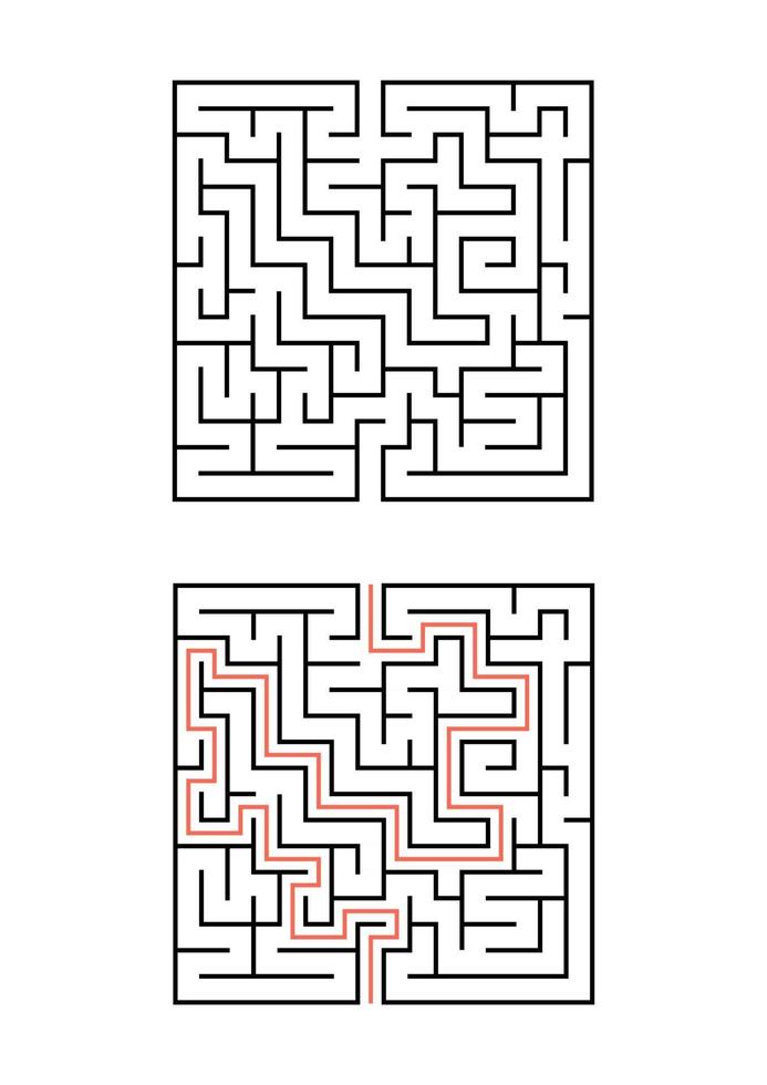 A square maze for children. Simple flat vector illustration isolated on white background. With the answer.