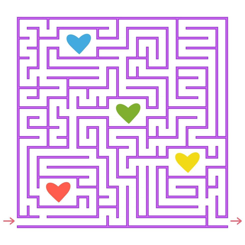 Purple square labyrinth. Collect all the colored hearts and find a way out of the maze. An interesting game for children. Simple flat vector illustration.