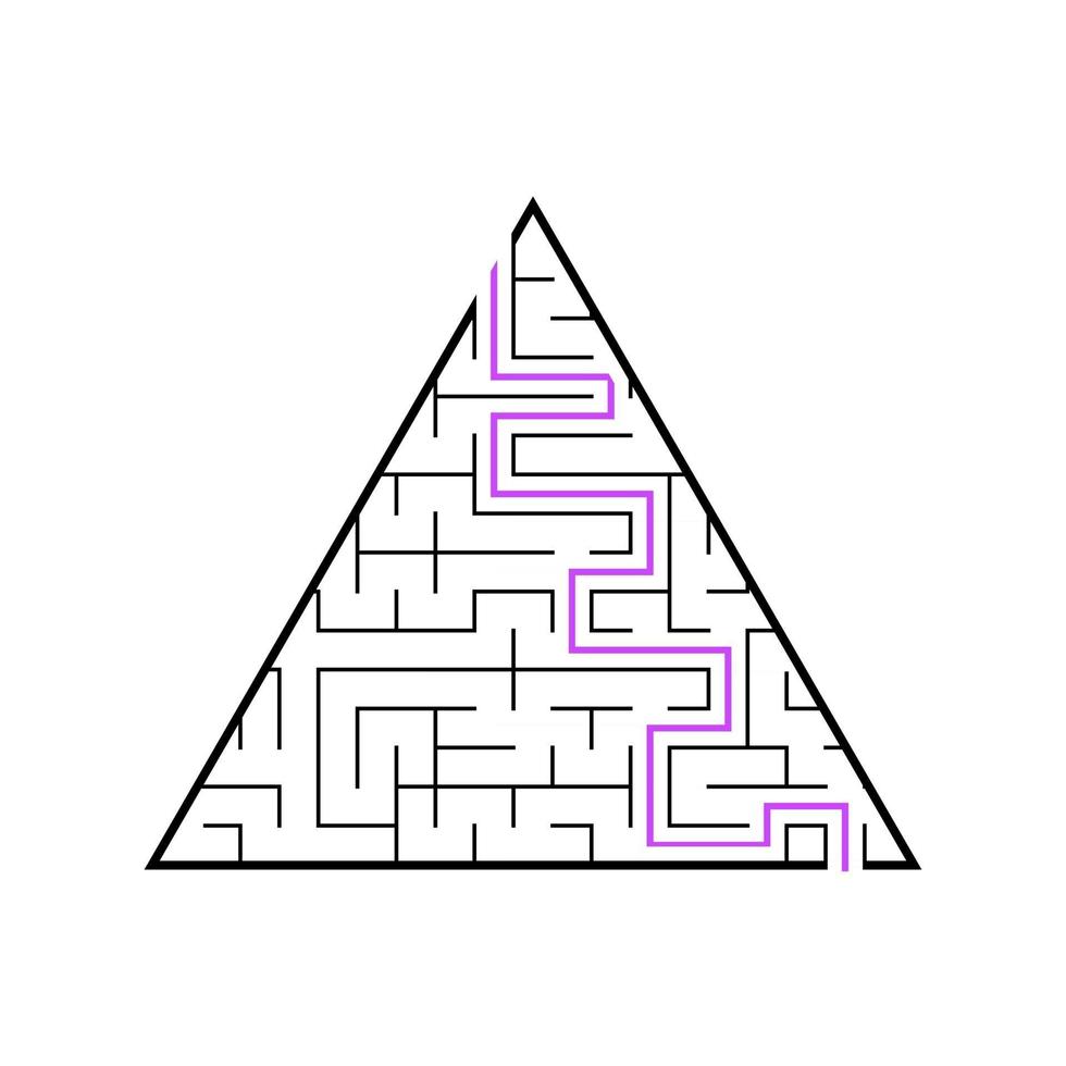 A triangular labyrinth, a pyramid with a black stroke. A game for children. Simple flat vector illustration isolated on white background. With the answer.