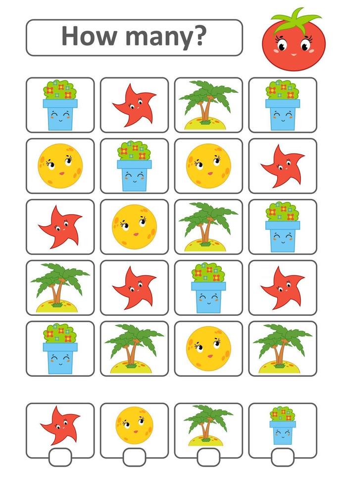 Counting game for preschool children. The study of mathematics. How many shapes in the picture. Flower pot, star, moon, palm tree. With a place for answers. Simple flat isolated vector illustration.