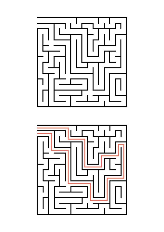 A square maze for children. Simple flat vector illustration isolated on white background. With the answer.