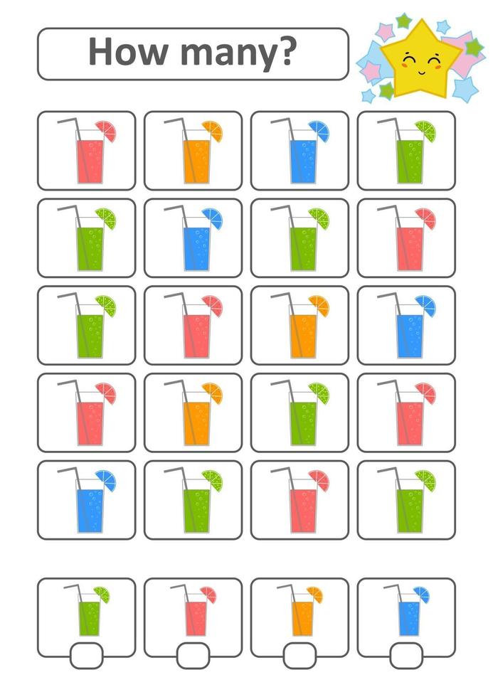 Counting game for preschool children for the development of mathematical abilities. How many drinks of different colors. With a place for answers. Simple flat isolated vector illustration.