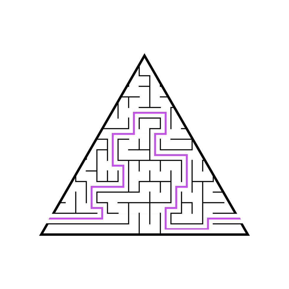 un laberinto triangular, una pirámide de trazo negro. un juego para niños. Ilustración de vector plano simple aislado sobre fondo blanco. con la respuesta.