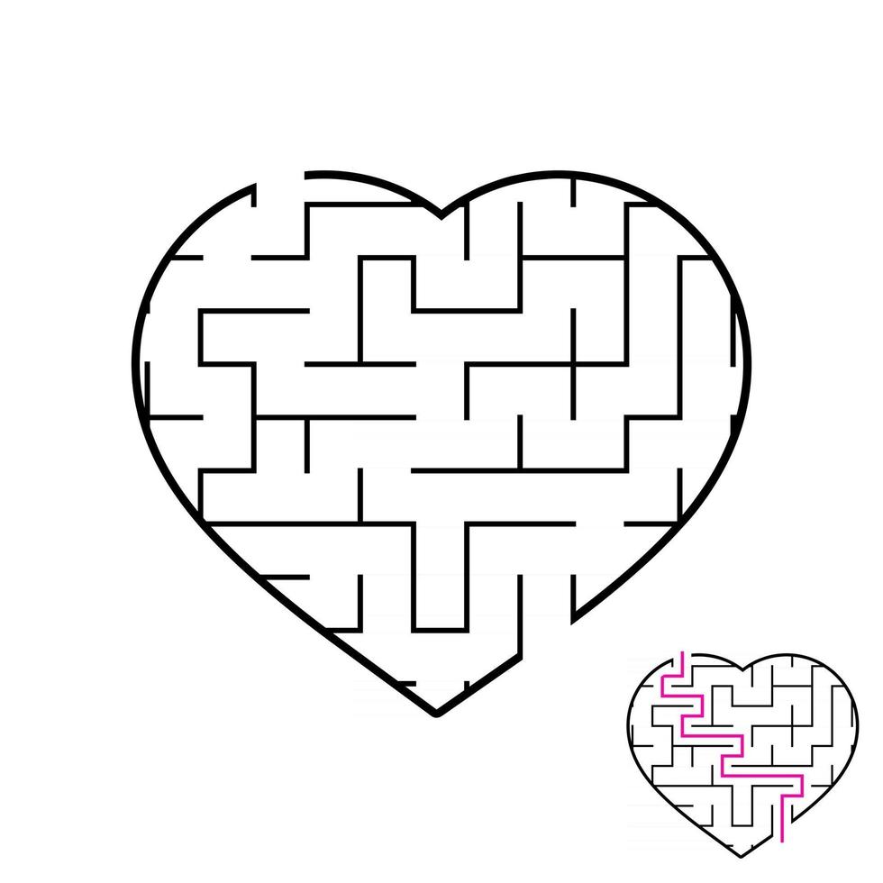 Labyrinth with a black stroke. Lovely heart. A game for children. Simple flat vector illustration isolated on white background. With the answer.