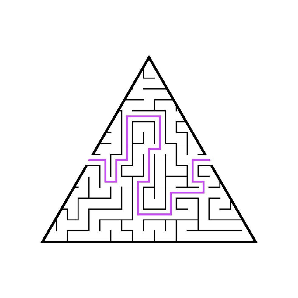 A triangular labyrinth, a pyramid with a black stroke. A game for children. Simple flat vector illustration isolated on white background. With the answer.