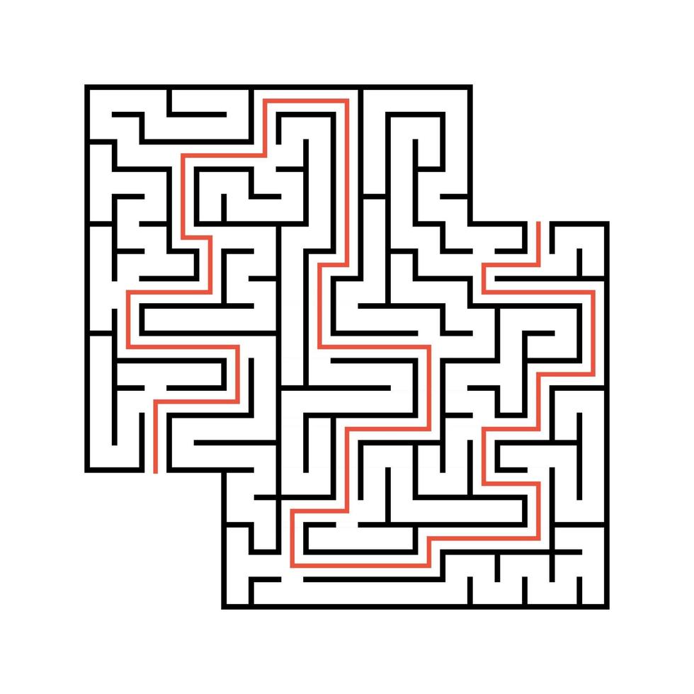 Abstract square maze with entrance and exit. Simple flat vector illustration isolated on white background. With a place for your drawings. With the answer.