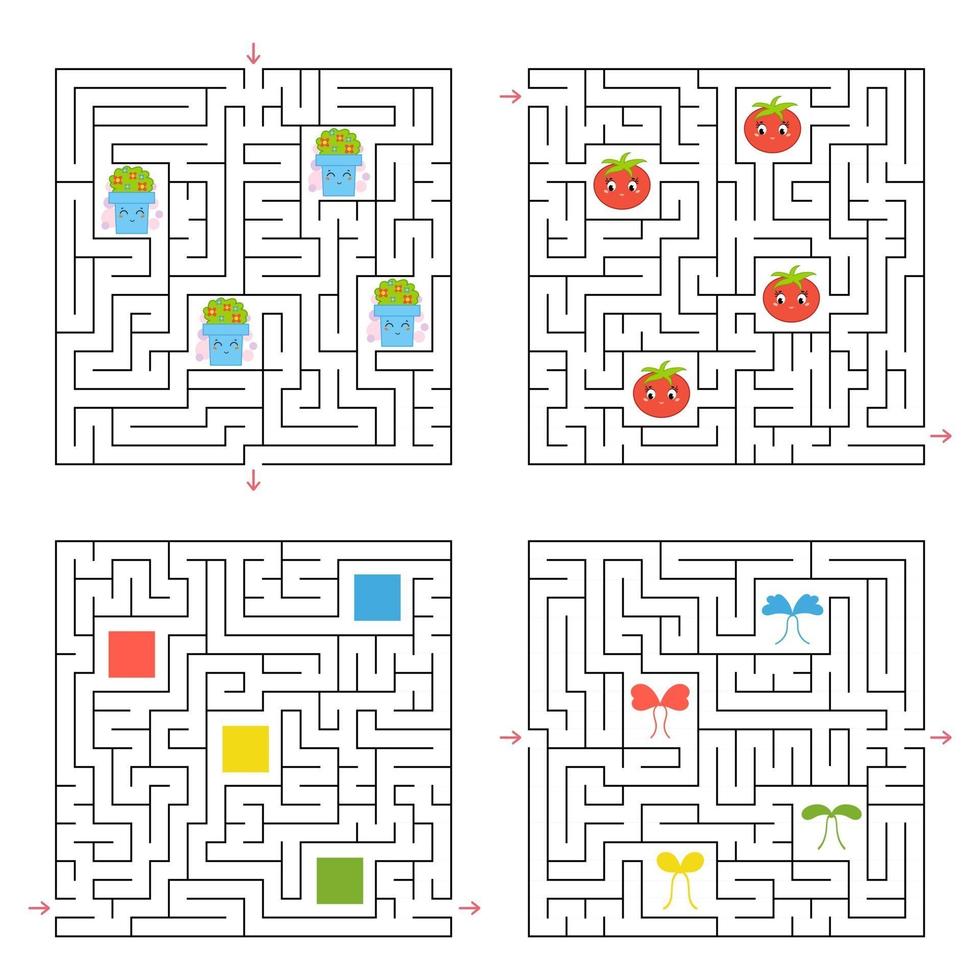 A set of four square labyrinths. Collect all the items and find a way out of the maze. An interesting game for children. Simple flat vector illustration.
