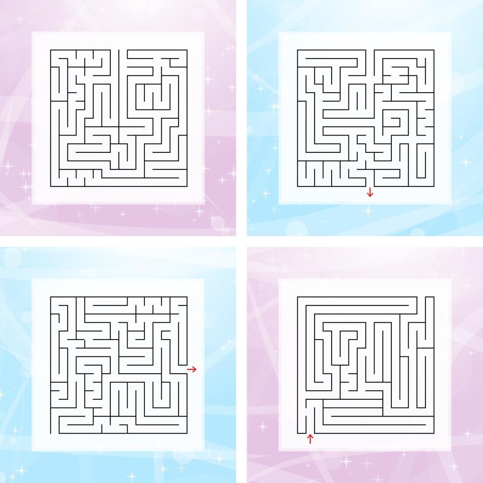 A set of square labyrinths. An interesting and useful game for children and adults. Simple flat vector illustration on a colorful abstract background.